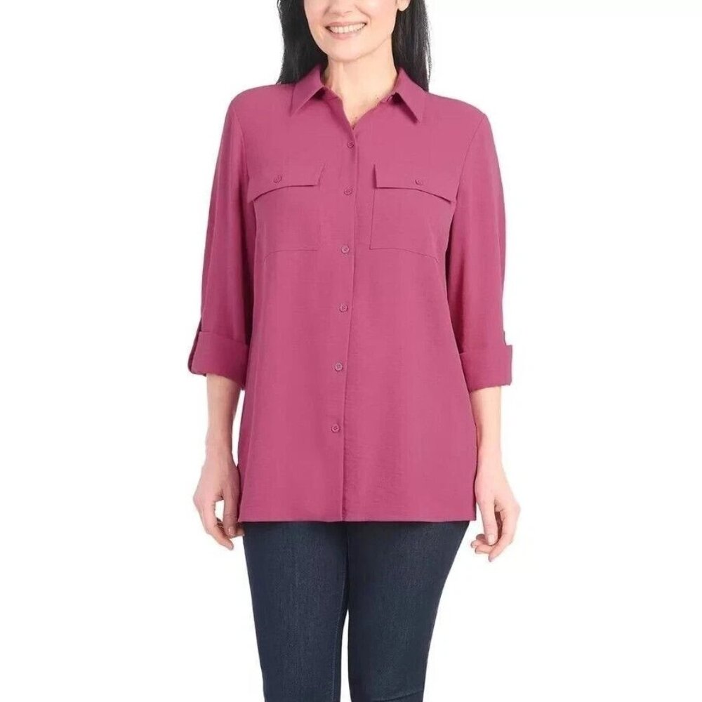 Hilary Radley Womans Size XL Button Dark Pink Blouse Top Shirt NWT